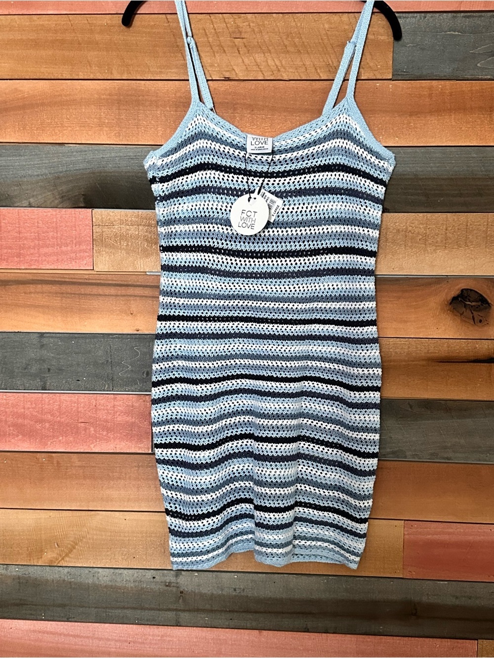 Striped Light Blue Crochet Swim Coverup or Lacy Knit Dress